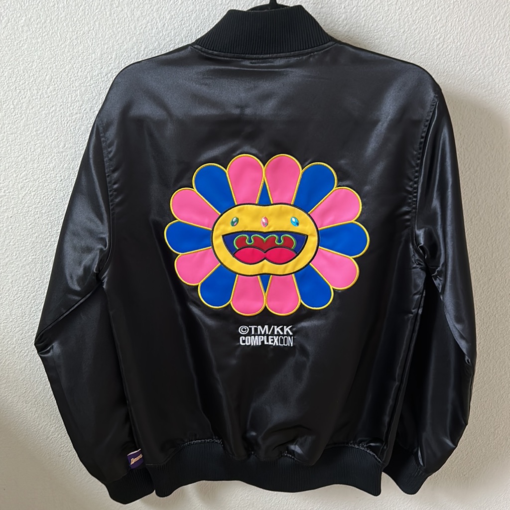 Mitchell & Ness Black Satin Bomber Jacket With Pink, Blue & Yellow Floral Patch